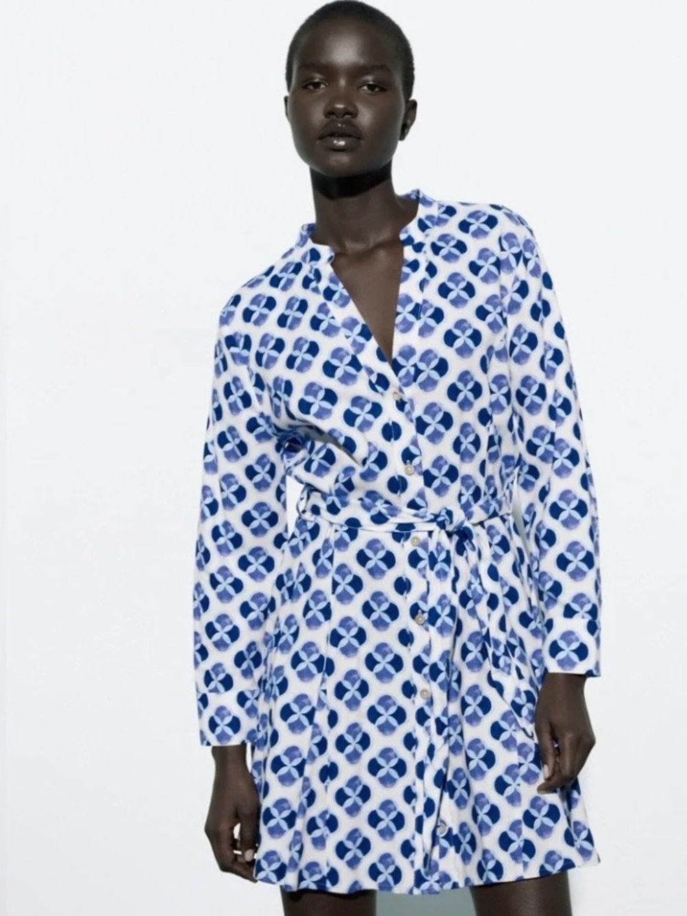 Zara Linen Geometric Flattering Shirt Dress Tie Waist Size M MSRP $110 NWOT